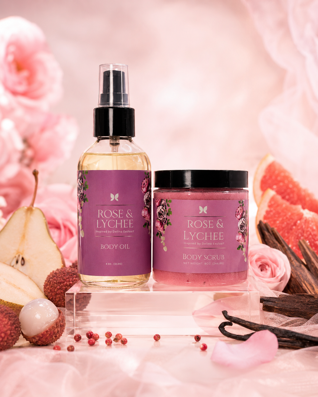 Rose & Lychee Body Oil + Body Scrub Bundle
